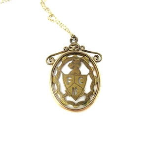 Vintage Unisex Gold Tone / Bronze Metal FCB Knights of Pythias Cutout Shield Pendant Necklace image 5