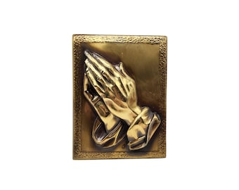 Vintage Bronze Metal Religious Spiritual Rectangular 5.5"x7" Upraised Relief 3D Praying Hands Wall Hanging