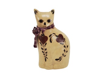 Vintage Hand Painted Rippentrop Beige and Red Heart Ceramic 9" Folk Art Sitting Cat Figurine