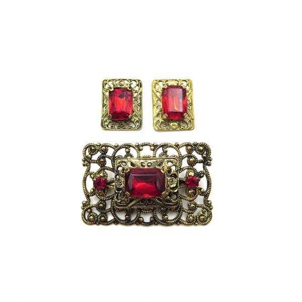 Vintage Art Nouveau Style Gold Tone Filigree Red Glass Rhinestone Rectangular Demi Parure Brooch and Clip On Earring Set