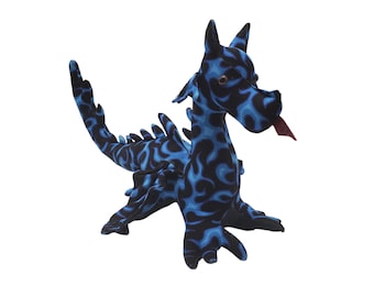 Vintage Handmade Blue and Black Flames Unisex Dragon Lizard Plush Figurine