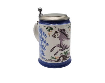 Vintage Painted Horse Faience Style Made in Germany Folk Art Ceramic Pottery Stein with Pewter Lid