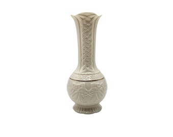 Vintage Belleek Ireland White Porcelain Celtic Knots Claddagh Crane Birds 6.5" Tall Wedding Marriage Bud Vase 1990s Blue Stamp