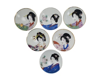 Vintage Set of 6 Oriental Japanese Hand Painted Geisha Women Decorative Rice Bowls Cups