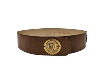 Vintage Garay Top Grain Cowhide 1980s Tan Beige Gold Brass Medallion Coins 34" Chunky Unisex Belt