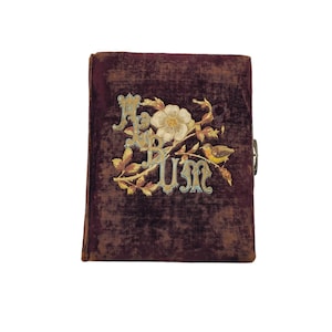 Álbum de fotos vacío de estilo antiguo, gótico, victoriano, marrón, burdeos, terciopelo, flores, pájaros, botánica, 10,5 x 8,5