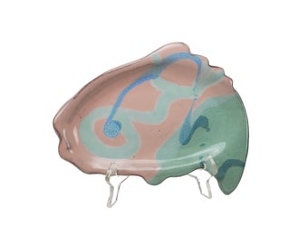 Vintage Handmade Signed Pink Blue Teal Pastel Studio Art Pottery Fish Trinket Dish Tray Platter