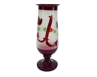 Vintage Hand Blown Bohemian Frosted and Red Ruby Flashed Glass Nautical Bird Anchor 9" Pedestal Vase