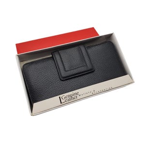 Cartera vintage NOS de piel de vacuno auténtica de grano superior negra de 7 x 4 para mujer con caja original