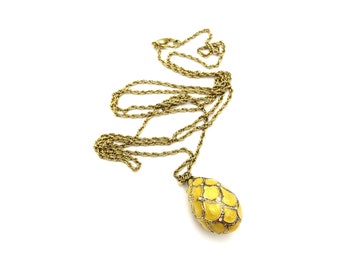 Vintage Gold Tone Yellow Enamel Rhinestone Faux Faberge Egg Pendant Necklace Easter Spring