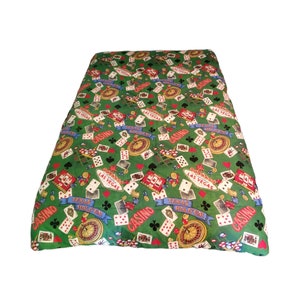 May include: Green and red casino themed bedding with a repeating pattern of playing cards, dice, roulette wheels, and the words "Casino" and "Las Vegas".