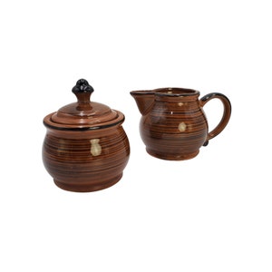 Vintage Pair of Japan MCM Brown Black Striped Swirl Ceramic Kitchen Creamer and Sugar Set
