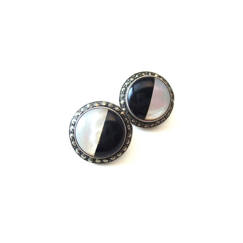 Stunning Art Deco Vintage shops Sterling Silver 925 Black Onyx & White Mother of Pearl MOP Marcasite Demi Parure Brooch and Pierced Earring