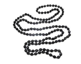Vintage Gothic Art Deco Knotted Faceted Black Glass Beaded 60" Single Strand Flapper Opera Necklace