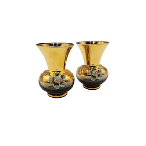 Pair of Vintage Gold Gilded Bohemian Glass Hand Painted Applied Flower / Floral 3.5&quot; Bud Vases