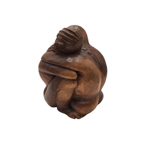 Vintage Carved Wood Lovers Embrace Hugging Couple Man and Woman 9" Heavy Dark Wooden Statue