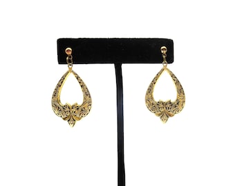 Vintage Pair of Gold Tone Metal Gold Black Spanish Damascene 1.75" Open Center Teardrop Pierced Dangle Earrings