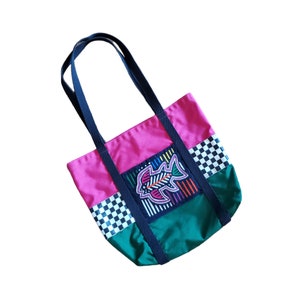 Vintage Wild Things by MKCo Retro Pink Green Checkered Colorful Mola Fish Tote / Reusable Bag