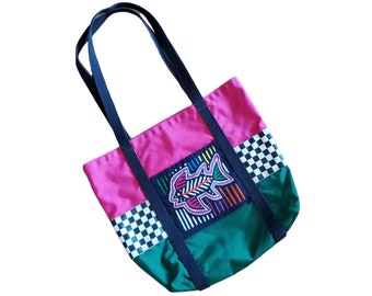 Vintage Wild Things by MKCo Retro Pink Green Checkered Colorful Mola Fish Tote / Reusable Bag