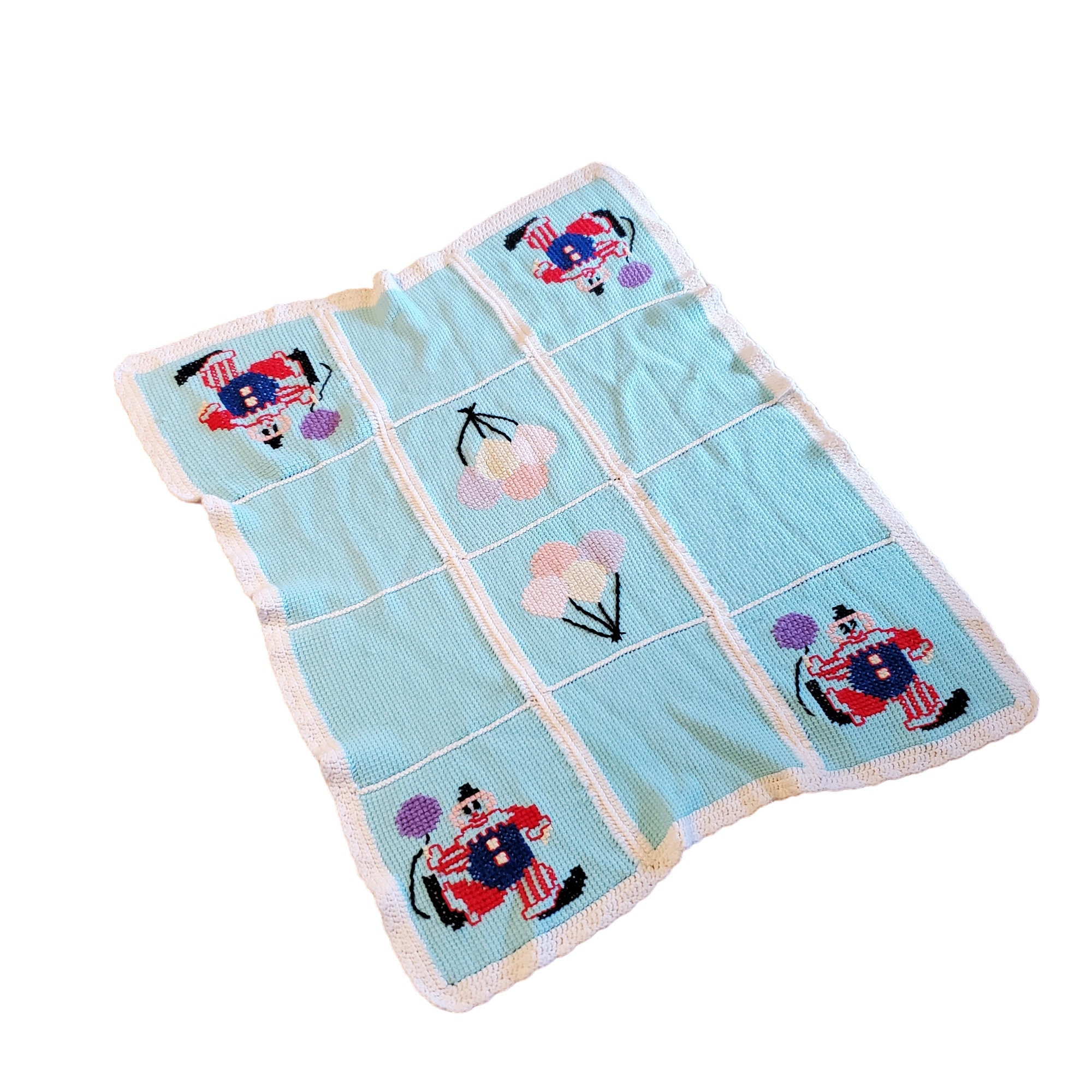 Vintage Handmade Blue and White Crocheted Circus Clown & Balloon