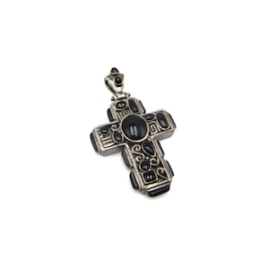 Vintage Sterling Silver 925 Gothic Geometric Black Enamel Resin 2&quot; Unisex Religious Cross Pendant