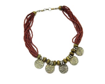 Vintage Silver Tone Reversible Arabic Arabian Coin Brown Seed Beaded 20" Unisex Necklace Ethnic Tribal Aboriginal