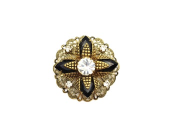 Vintage Western Germany Gold Filigree Black Navette Rhinestone Round 1.75" Brooch