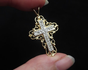 Vintage Estate 14k Yellow Gold Ornate Filigree White Gold Mixed Metal Genuine Diamond 1.5" Unisex Religious Cross 3.32g