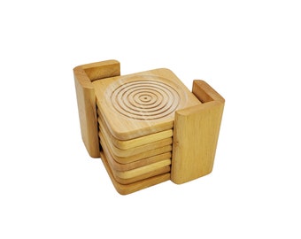 Vintage Set of 7 Blonde Wooden Square Swirl Circular 3.5" Drink Coasters with Caddy Made in Taiwan