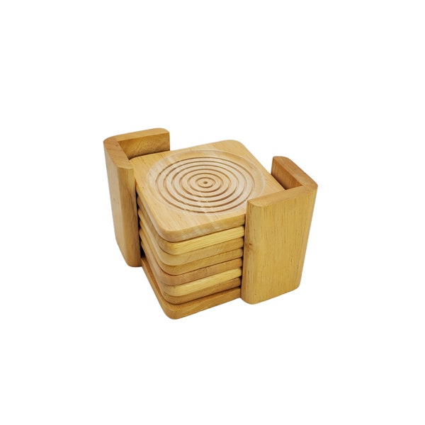 Vintage Set of 7 Blonde Wooden Square Swirl Circular 3.5" Drink Coasters with Caddy Made in Taiwan