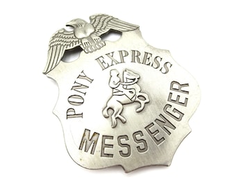Vintage Silver Tone Pony Express Messenger Cowboy Horse Eagle 2.75" Metal Badge Brooch