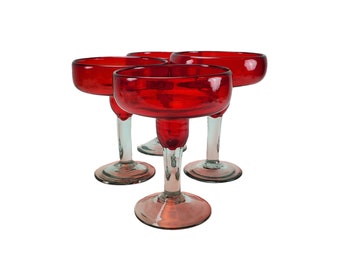 Vintage Set of 4 Hand Blown Mexican Red Glass 7" Margarita Glasses Barware