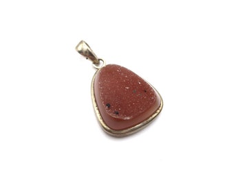 Vintage Sterling Silver Sparkling Brown Orange Agate Druzy Stone Unisex Pendant