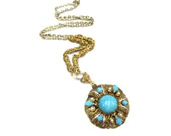 Vintage Western Germany Gold Tone Filigree Faux Pearl Blue Turquoise Rhinestone 25" Round Pendant Necklace