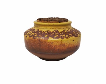 Vintage Good Earth Pottery by Rodney Lemonier Yellow & Brown Stoneware Pottery Bowl with Cork Stopper