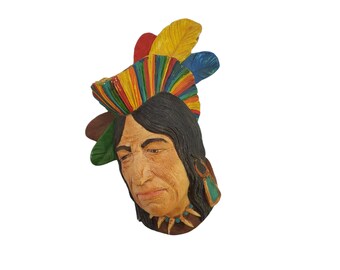 Vintage Painted Native American Indian Chief Rainbow Headdress 3D Face Head Chalkware Wall Hanging