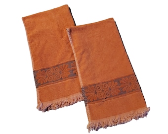 Vintage Pair of Cannon Monticello 100% Cotton Made in USA MCM Burnt Orange Sculpted 41x21 Fringe Bath Towels