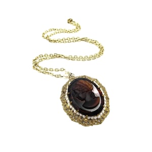Vintage Western Germany Gold Tone Filigree Oval Brown Glass Cameo Silhouette  Faux Pearl Pendant Necklace