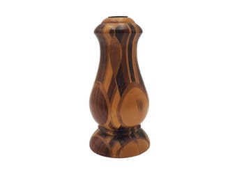 Vintage Hand Turned Rustic / Boho Inlaid Wood Marquetry 7" Unisex Single Candlestick Holder