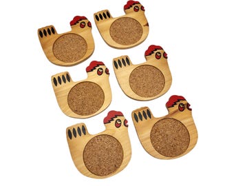 Vintage Kitschy Folk Art Set of 6 Wooden Cork Chicken Rooster Farm Coaster Set READ
