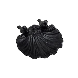 Vintage Heavy Black Cast Iron Scalloped Shell & Bird Trinket Dish Decor