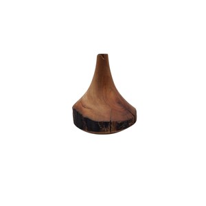 May include: A handcrafted wooden vase with a unique, organic shape. The vase features a flared base with a dark, textured edge and a slender, conical neck. The natural wood grain and color variations add to its rustic charm.