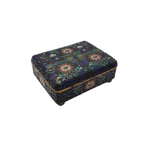 Vintage Oriental Chinese Export Champleve Cloisonne Enamel Pink Blue Green Lotus Flower 4x3 Rectangular Gold Footed Lidded Trinket Box