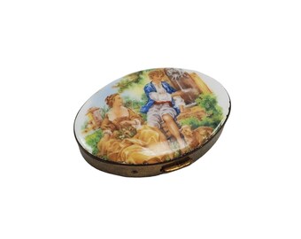 Vintage Romantic Enamel Courting Scene Oval Shape Metal Pill Trinket Box Compact with Mirror
