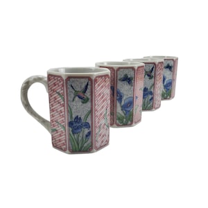 Set van 4 Vintage Japan Roze en Paarse Vlinder Kolibrie Calla Lily Iris Bloem Achthoekige 10oz Keramische Mokken