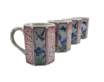 Set of 4 Vintage Japan Pink and Purple Butterfly Hummingbird Calla Lily Iris Flower Octagonal 10oz Ceramic Mugs