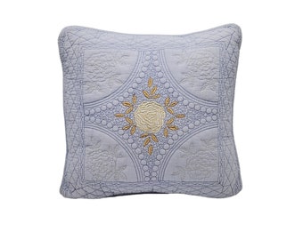 Vintage Cracker Barrel Old Country Store by Donna Sharp Blue White Gold Quilted Floral Embroidered 14x14 Square Decorative Pillow