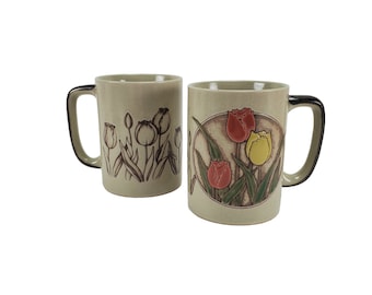 Pair of Vintage Otagiri Style Red Yellow Green Tulip Flower 8oz Stoneware Mugs