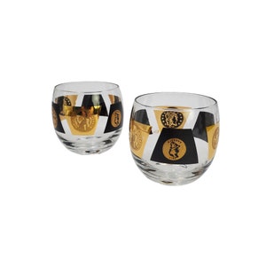 Vintage Pair of Cera MCM Black Gold Coin 8oz Roly Poly Barware Glasses