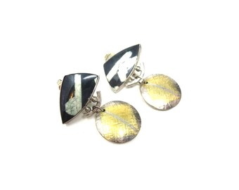 Pair of ER Sterling Signed 925 Mixed Metal Black Stone Geometric 1.5" Clip On Dangle Earrings